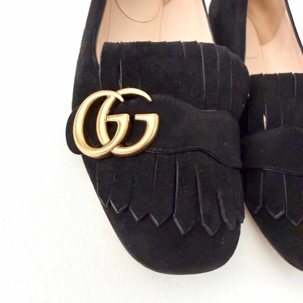 GUCCI | Marmont GG Fringe Suede Ballet Flats Black Gold Logo Size 37